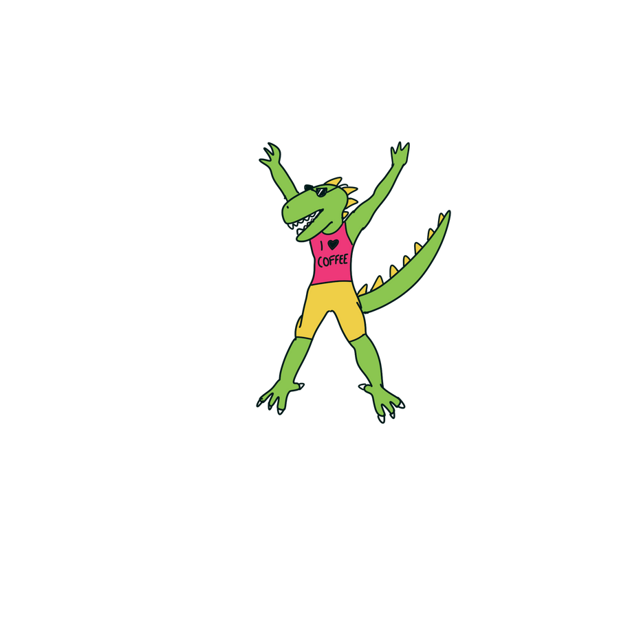 Cartoon dinosaur with "I love coffee" shirt on