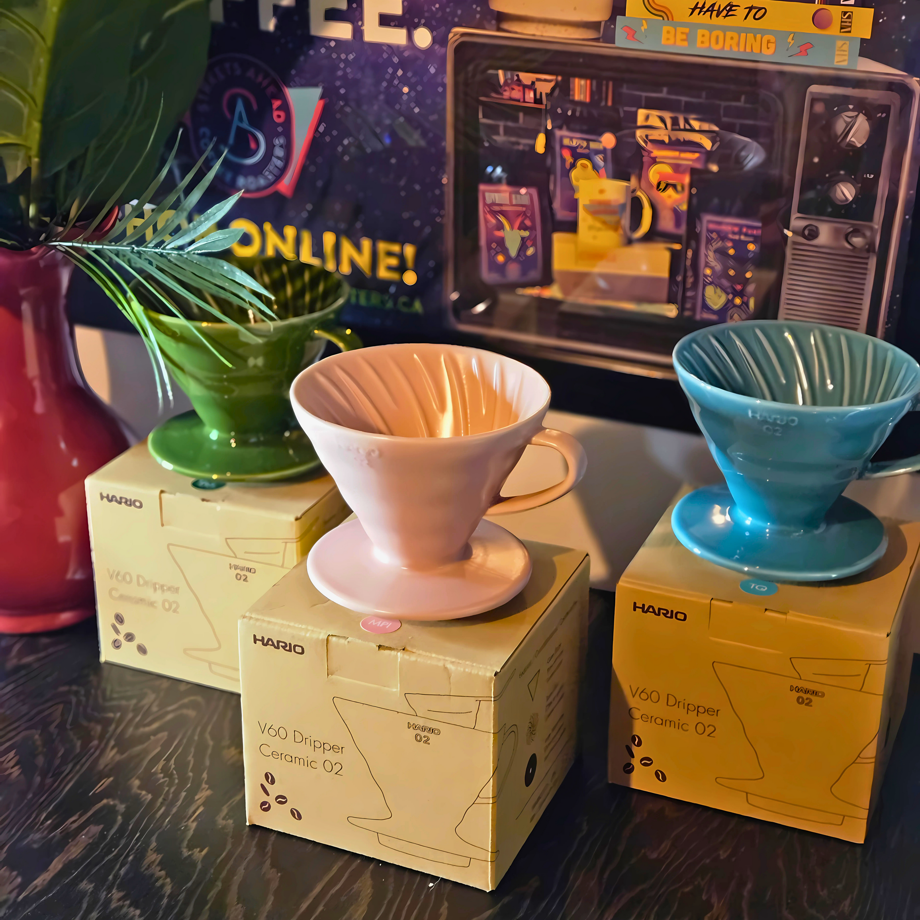 Hario V60-02 Ceramic Dripper in Pink, Dark Green and Teal