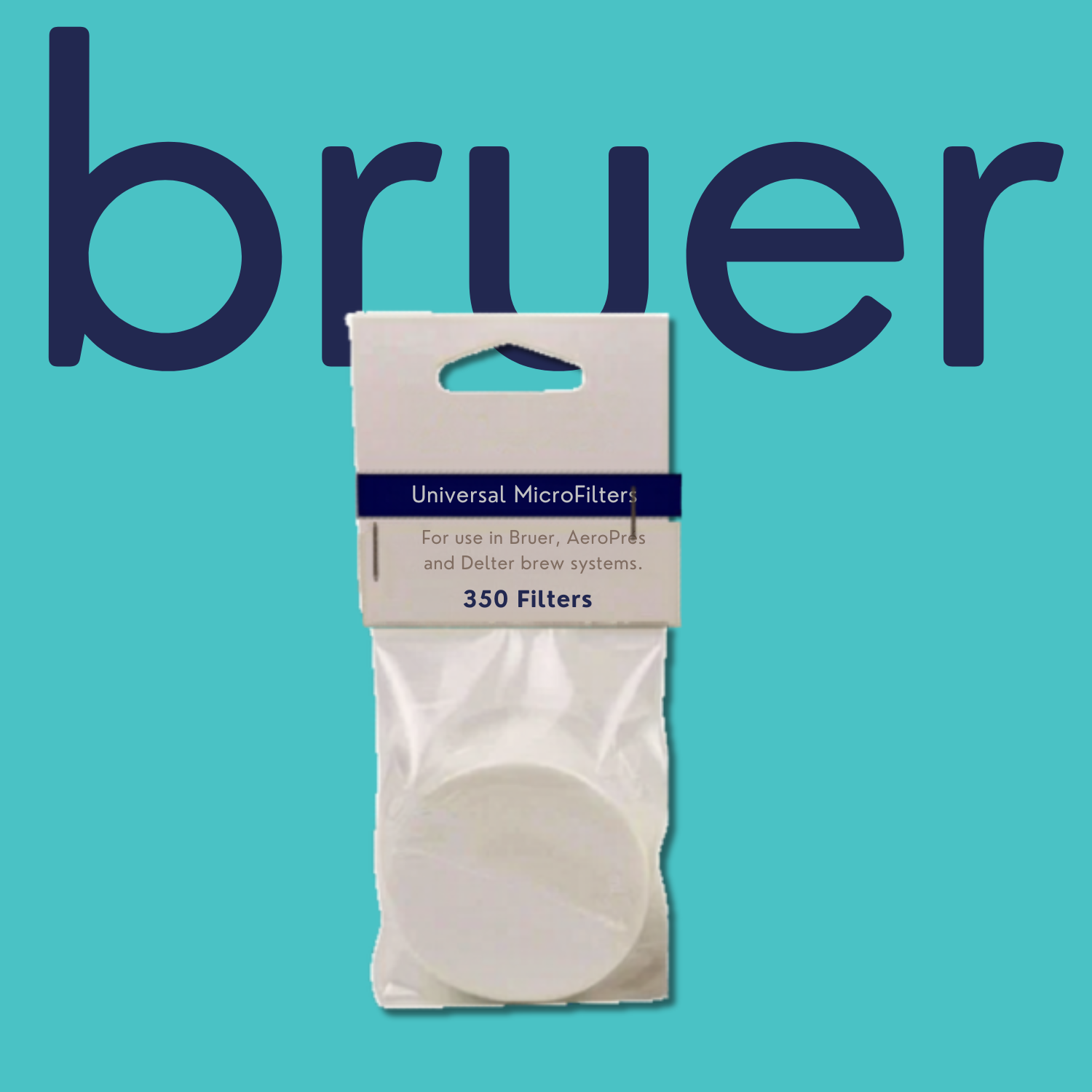 Package of Bruer universal microfilters on a teal background.