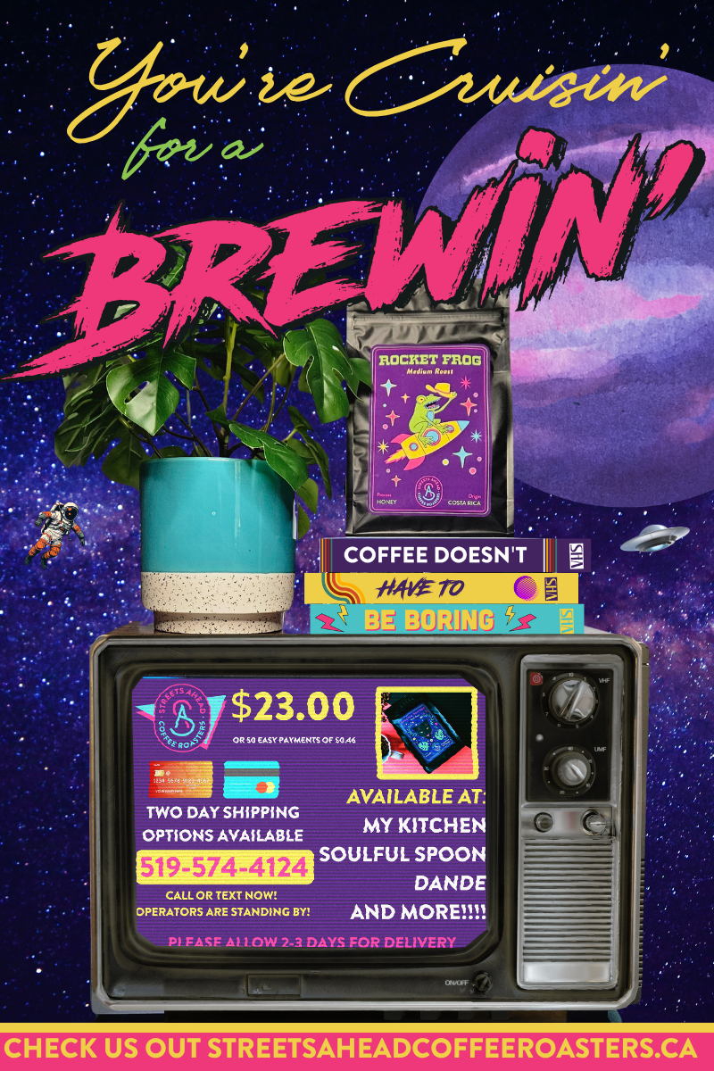A retro-themed promotional graphic for Streets Ahead Coffee Roasters featuring a vintage television, a potted plant in a turquoise pot, a small purple 'Secret Frog' frog figurine, and colorful books against a starry space background with a purple moon. Large text reads 'You're Cruisin' for a Brewin'' and includes shipping and location details.