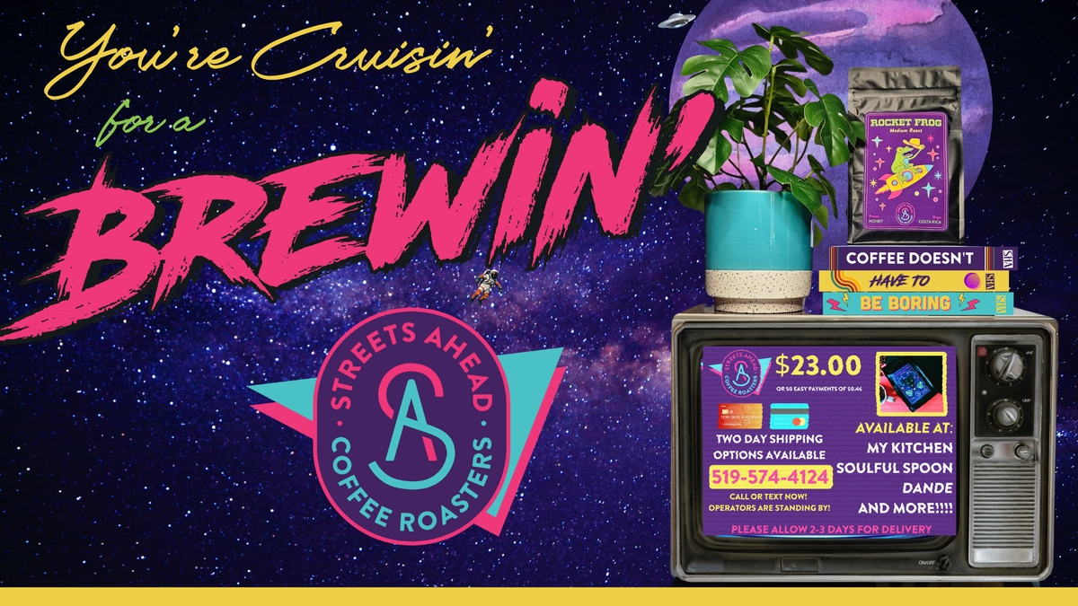 A retro-futuristic promotional graphic for Streets Ahead Coffee Roasters, featuring a vintage television displaying a sale flyer, a potted plant, and a stack of books on a starry purple space background with bold pink and yellow text.