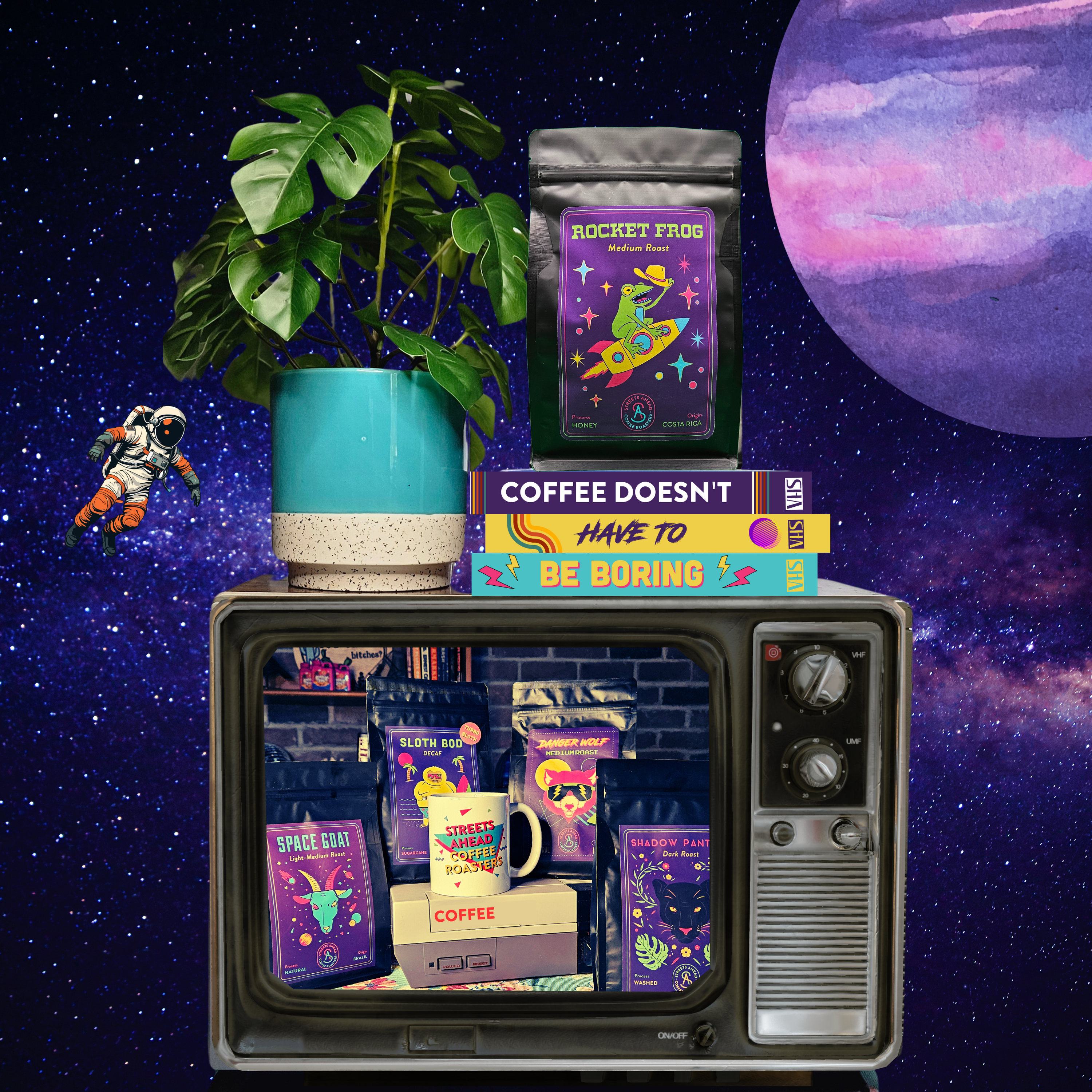 Streets Ahead coffee on an old tv in a space setting