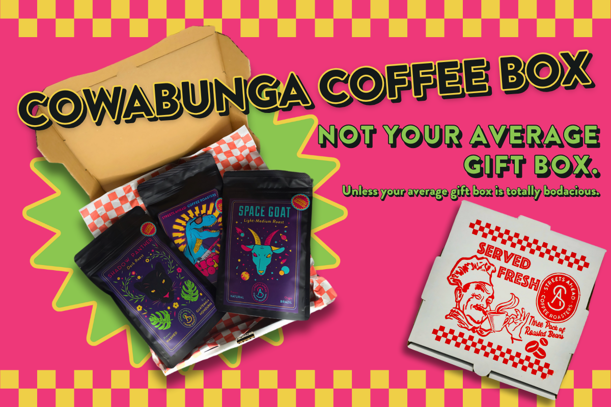Shows silk screened pizza box saying "Served Fresh" with the image of a pizzeria style man drinking coffee and three 125g bags of Streets Ahead coffee.