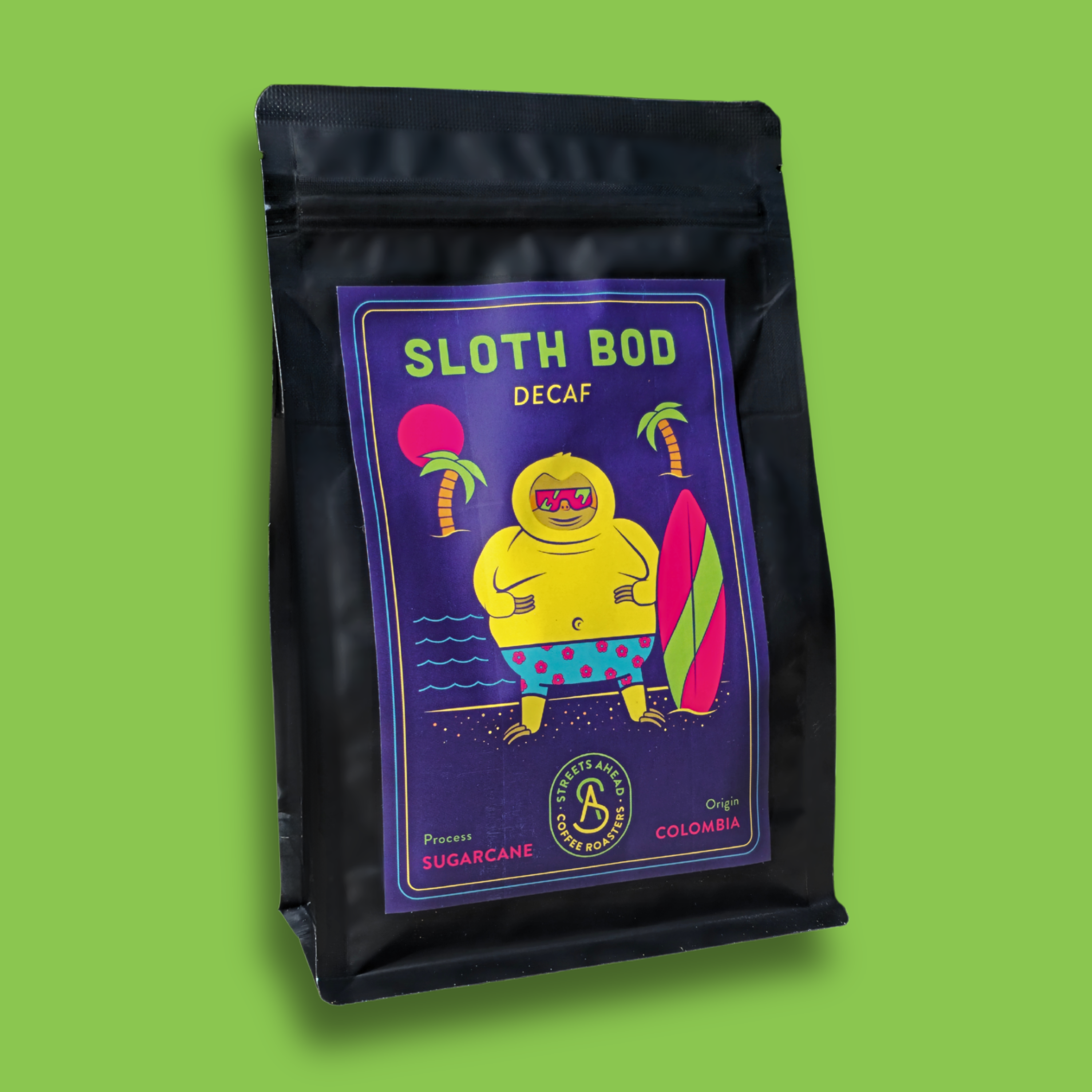 Coffee bag with Sloth Bod Decaf label on a green background