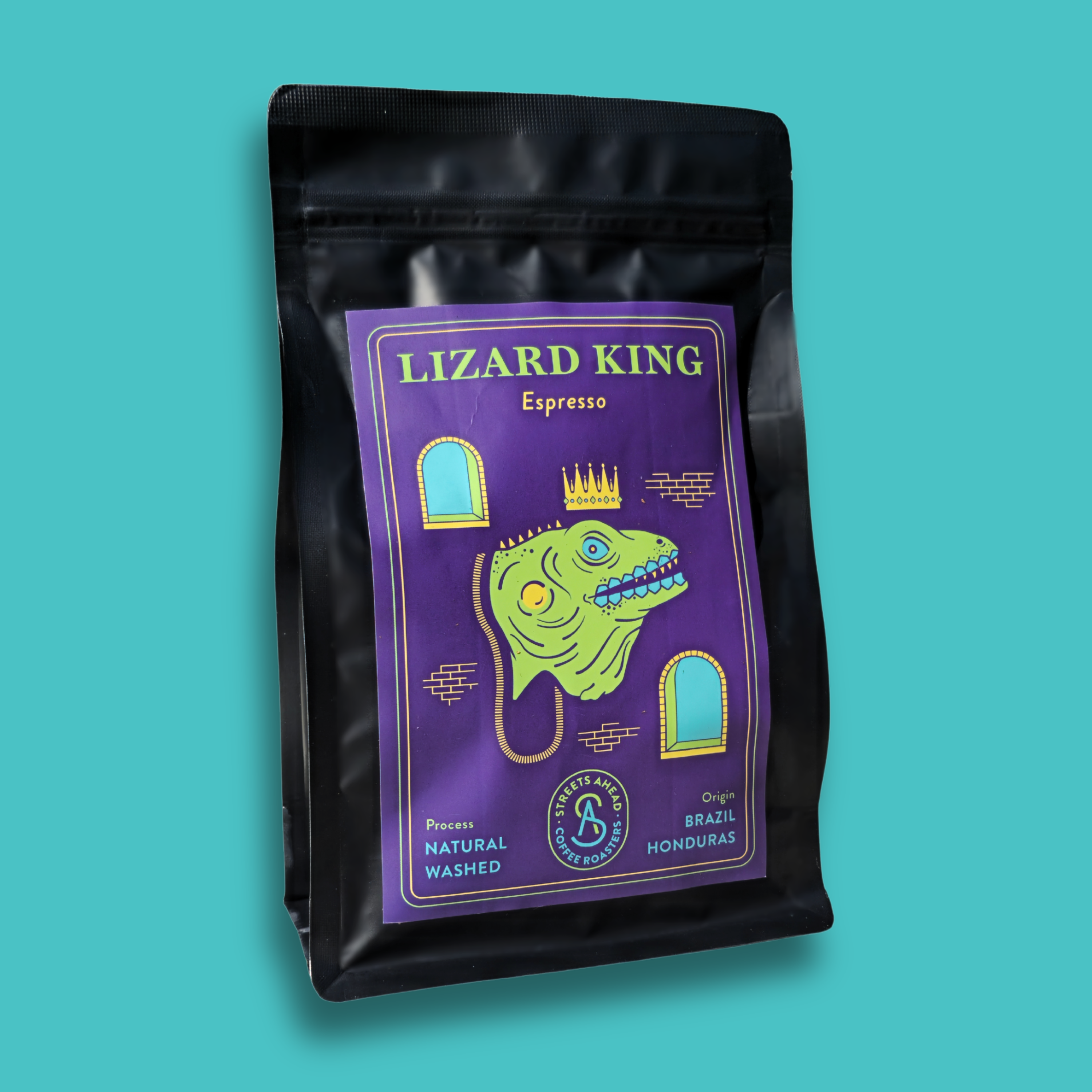 Lizard King Coffee Label on black coffee bag with blue background. 