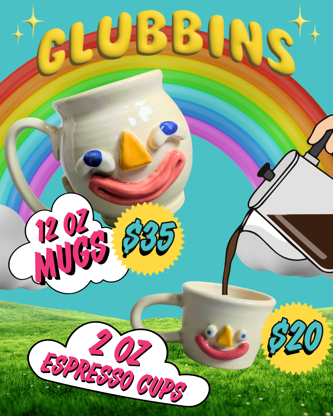 Cartoon mugs with a rainbow and promotional text for Glubbins  PRODUCTS. STREETS AHEAD BABY 