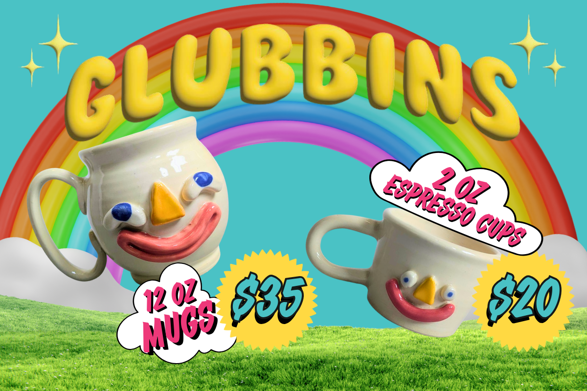 Cartoon-style mugs with a rainbow and 'CLUBBINS' branding on a grassy background. STREETS AHEAD BABY