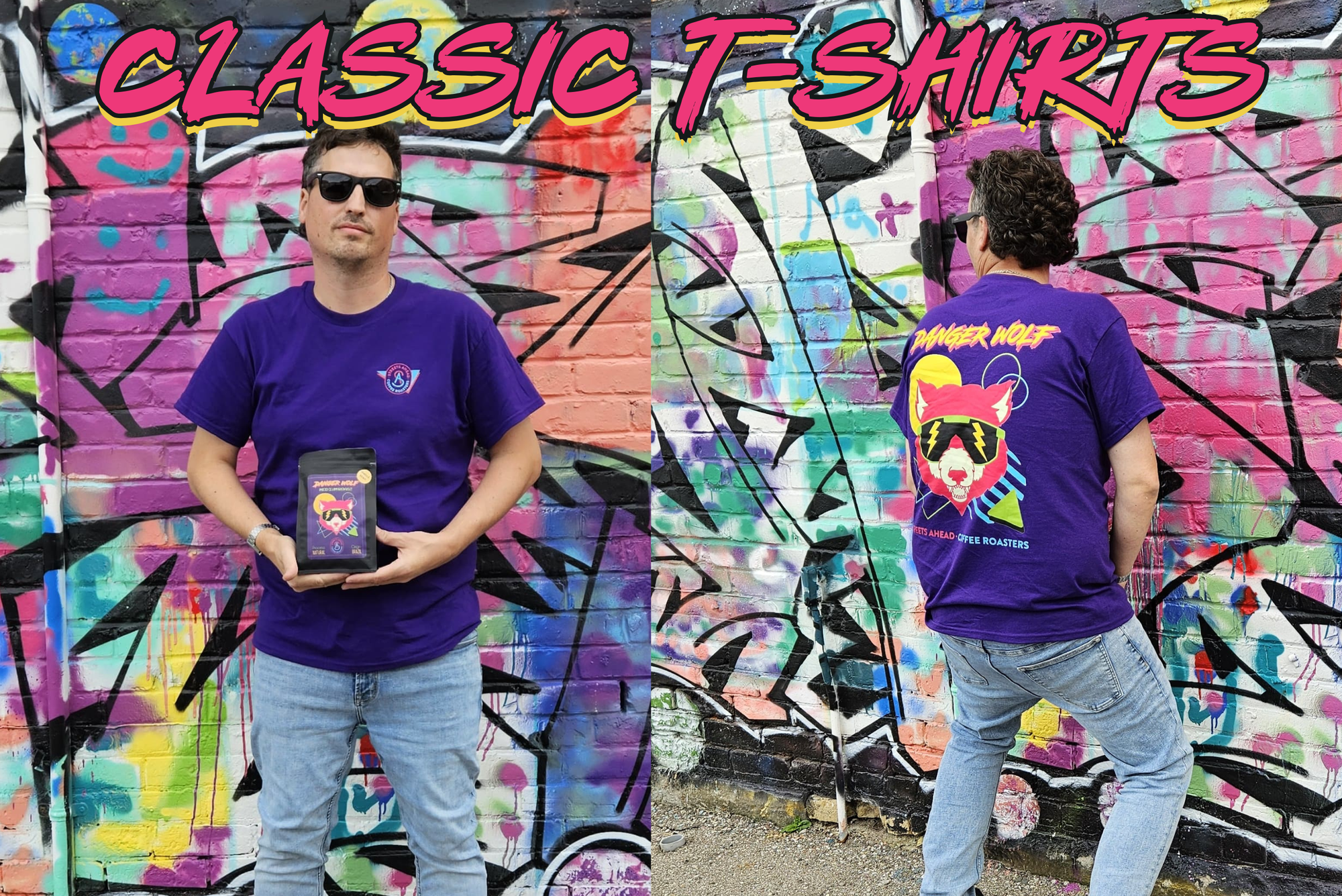 Person wearing a purple DANGER WOLF t-shirt with a colorful mural in the background