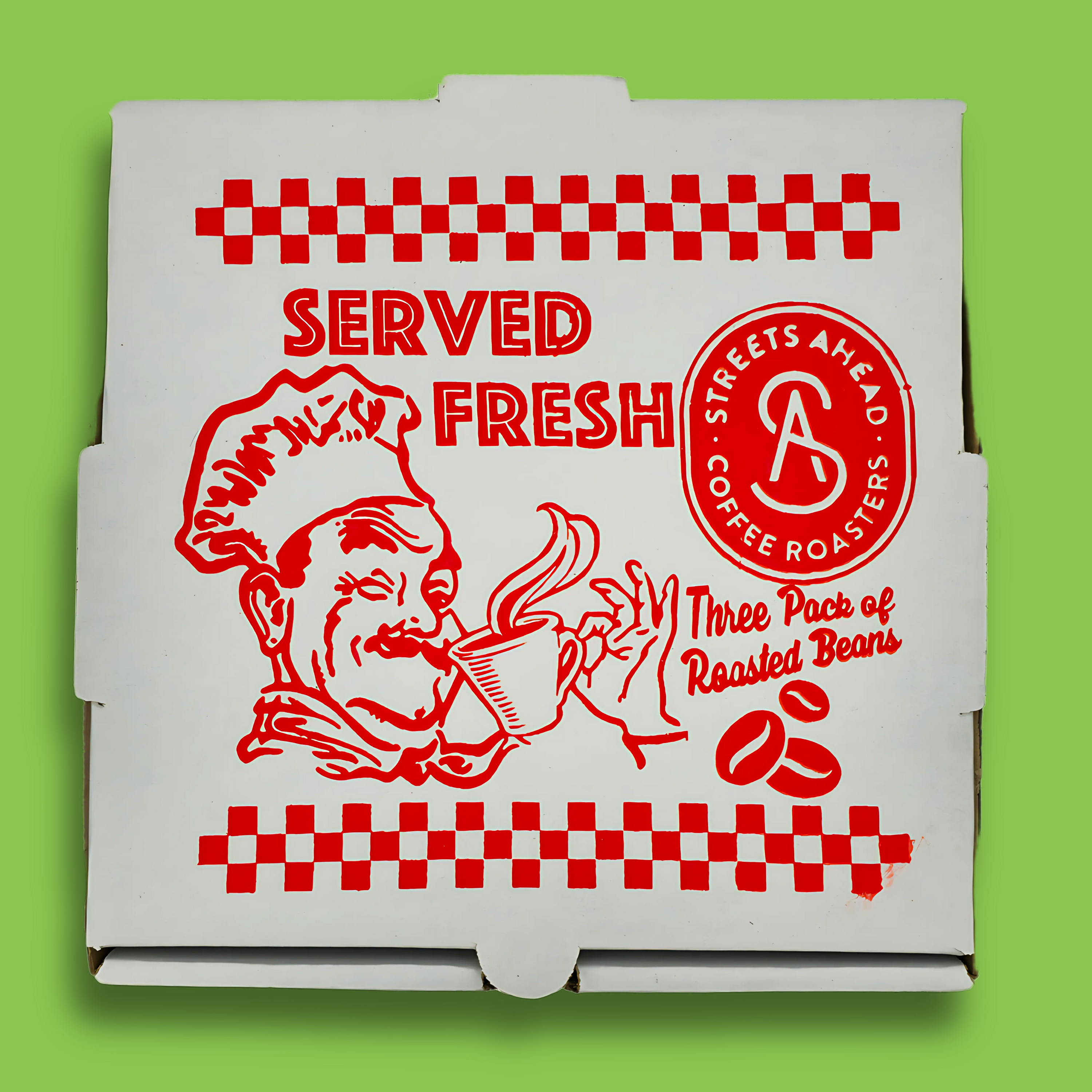 Silk screened pizza box saying "Served Fresh" with the image of a pizzeria style man drinking coffee.