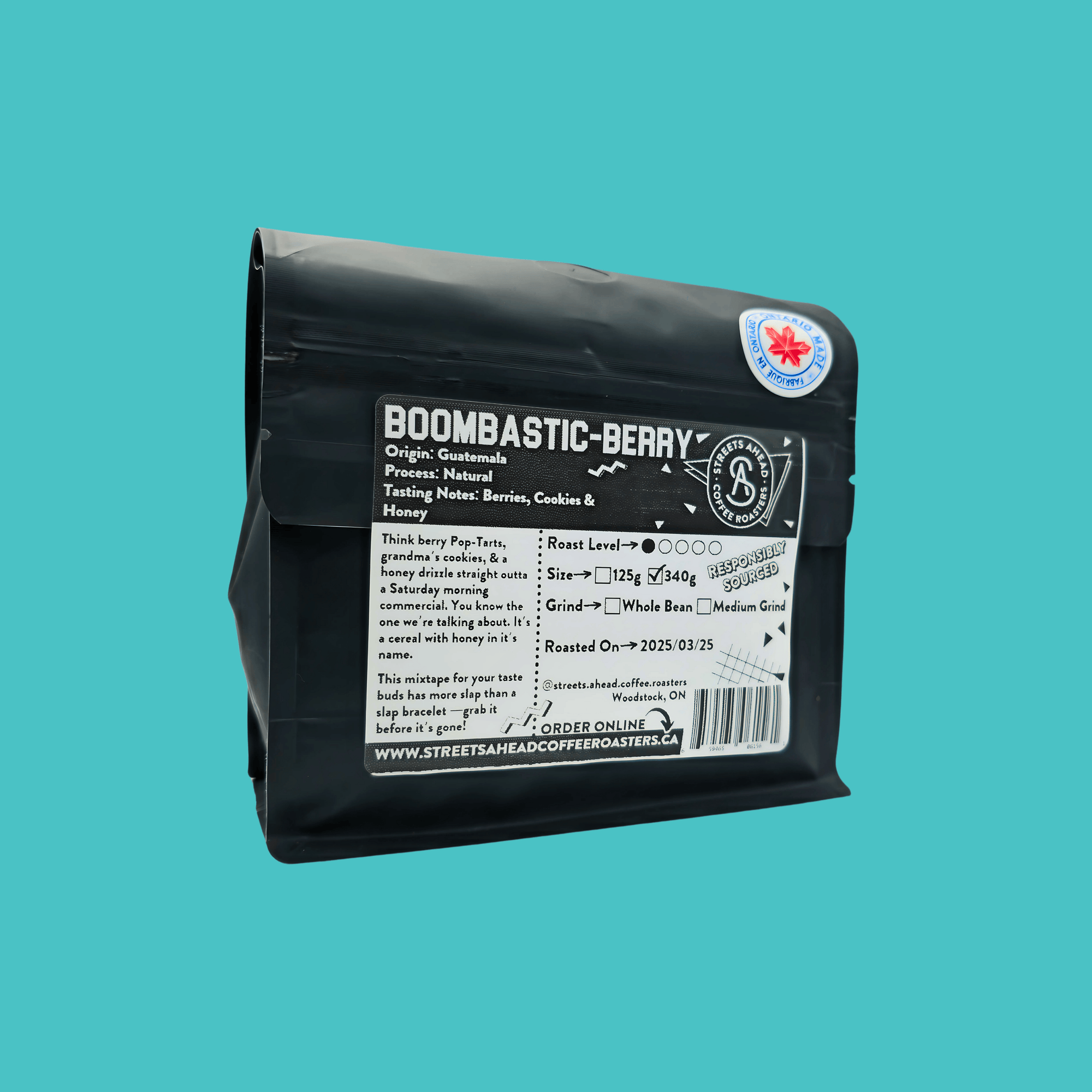 The back of a 340g bag of whole bean, New Release specialty coffee in front of a blue background.