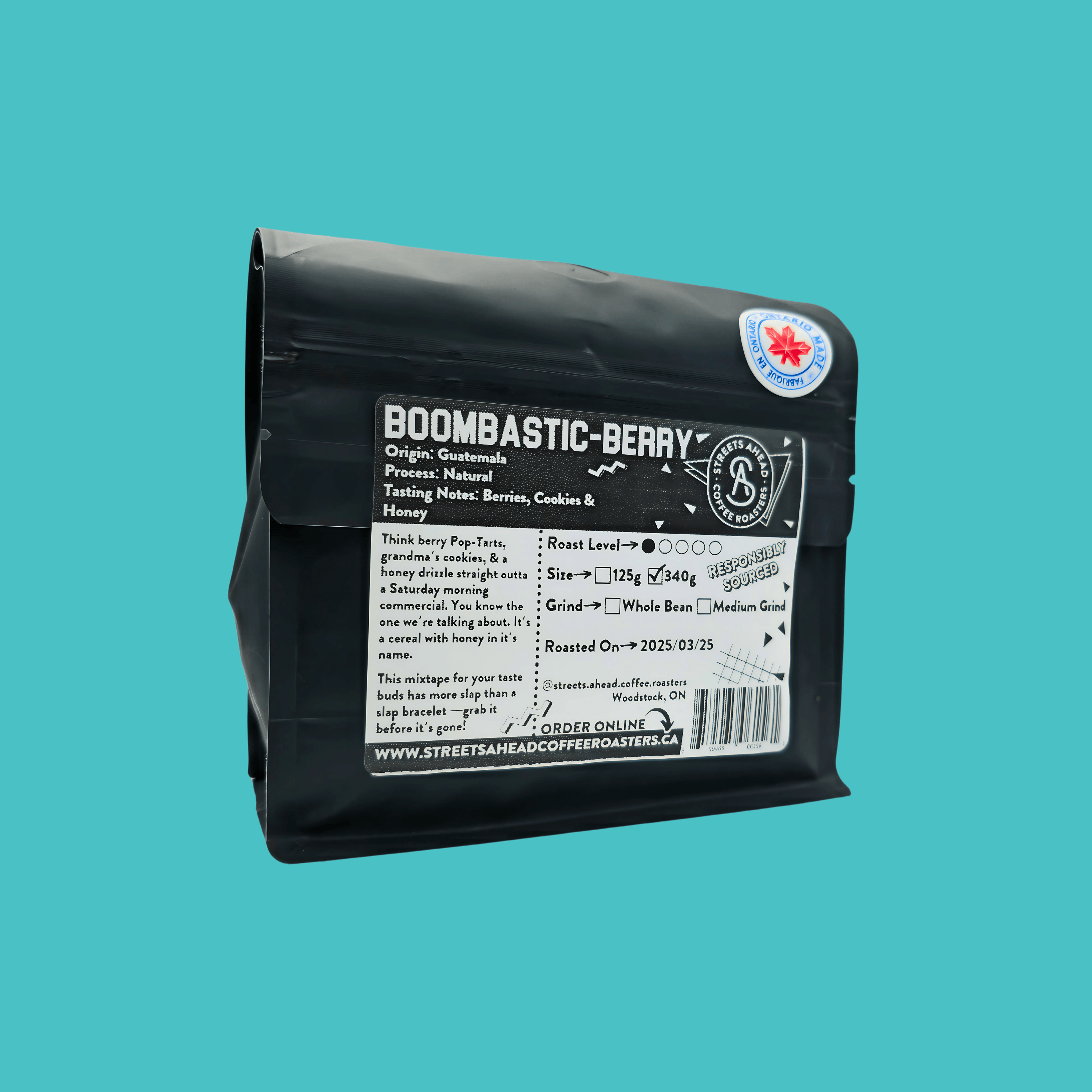 The back of a 340g bag of whole bean, New Release specialty coffee in front of a blue background.