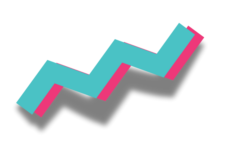 Blue zig zag on top of a pink zig zag with a shadow
