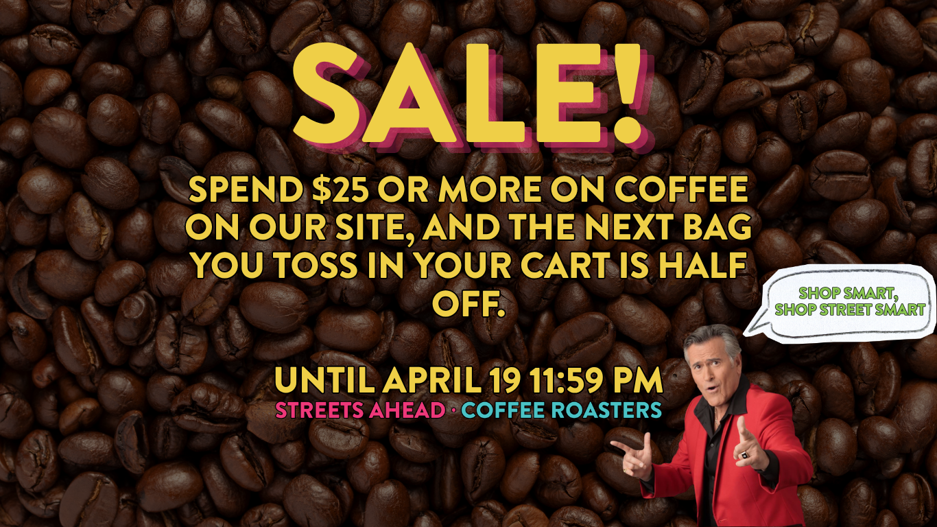 Coffee beans with promotional text and a person in a red jacket on a dark background