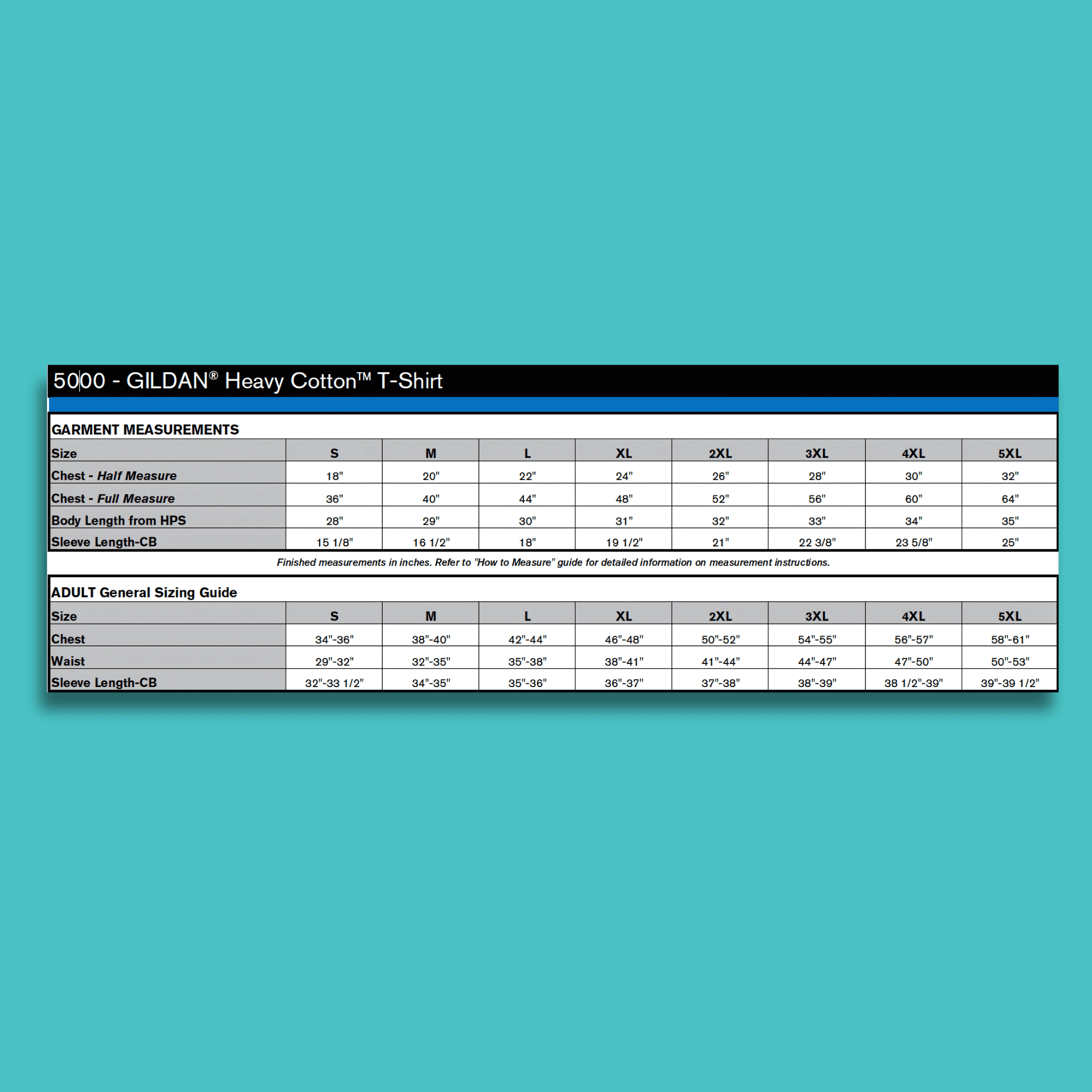 Chart showing garment measurements and general sizing guide.