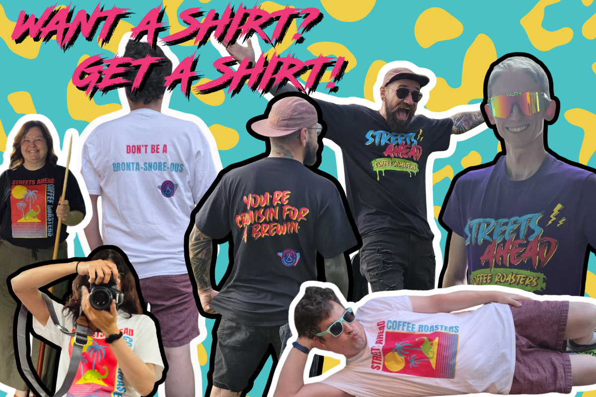 People wearing various t-shirts with different designs on a colorful background. STREETS AHEAD 